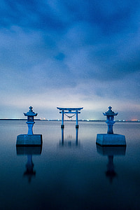 Japón, Kumamoto, Santuario de, puesta de sol, mar, Santuario de Nagao, nube
