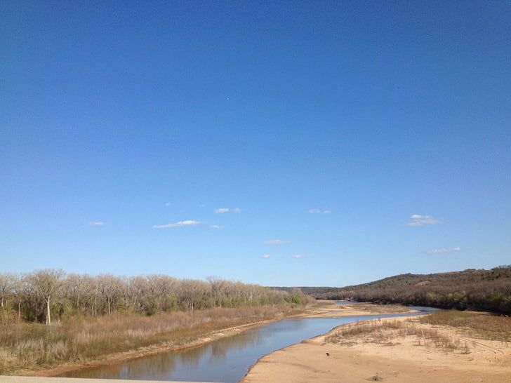 folyó, Oklahoma, kék ég, víz, homok, természet