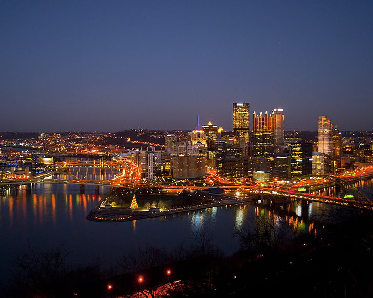 Pittsburgh, centro città, notte, fiume, ponti, crepuscolo, crepuscolo