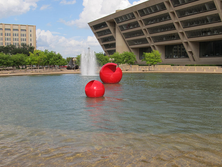 architectural elements, dallas, city hall, pool, red ball, urban, city