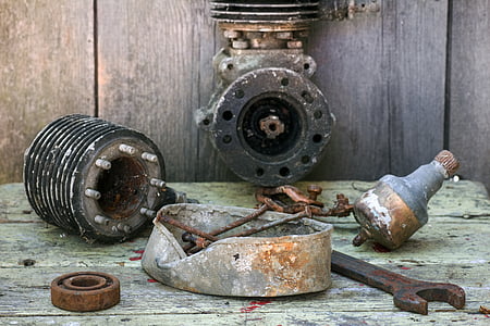 natura morta, strumento, vecchio motore, chiave, testa del cilindro, in acciaio, attrezzature