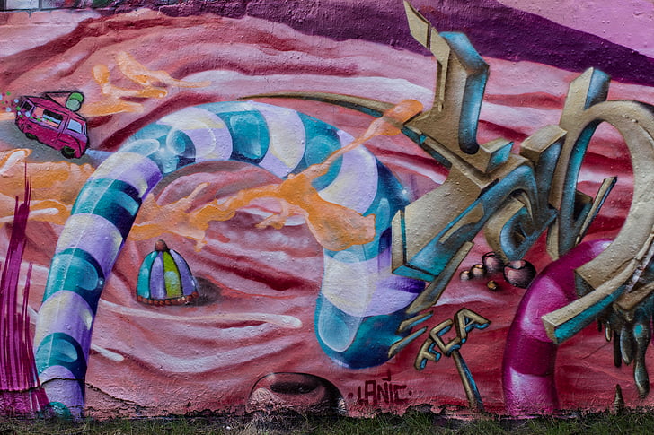 Graffiti, rosa, fargerike, maleri, veggmaleri, stilig, sprøyta