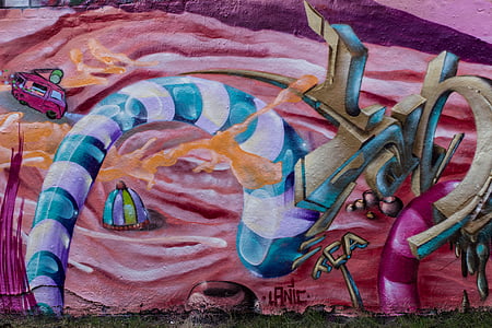 graffiti, Pink, farverige, maleri, vægmaleri, stilfuld, sprøjte