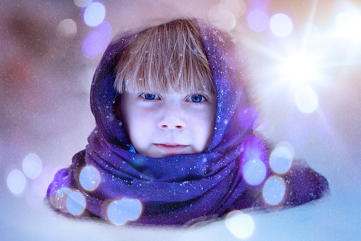 child, girl, face, bokeh, light, winter, cold