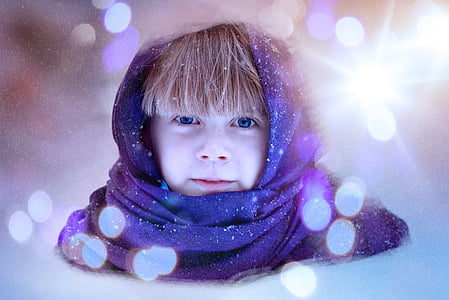 vaikas, mergaitė, veido, Bokeh, šviesos, žiemą, šaldymo