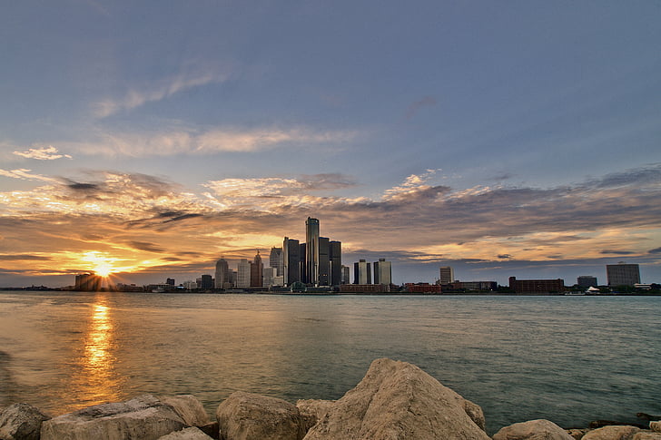 Detroit, Michigan, orizzonte di Detroit, fiume, centro città, paesaggio urbano, grattacielo