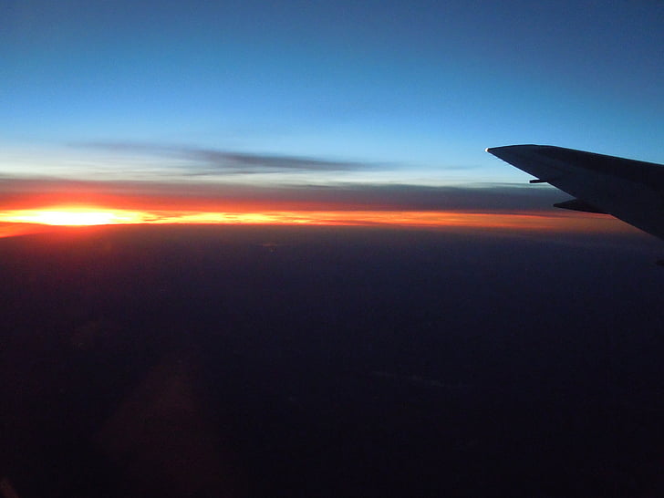 naplemente, esti égen, lemenő nap utolsó sugarai, utazás, repülőgép, repülőgép, repülő