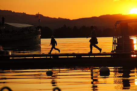 web, father and son, sunset, idyll, lake, ship, movement