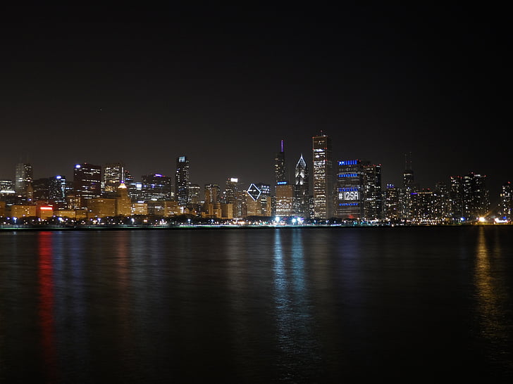 Chicago nacht, Lake michigan, reflectie, skyline, Chicago, stad, centrum