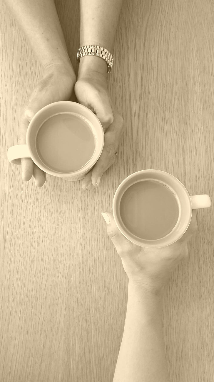 kohvi, vestlus, vestlus, kruusid, tassi, käed, joomine