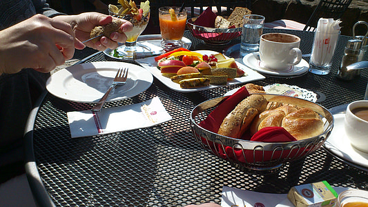 breakfast, bread, jam, coffee, tableware, cutlery, eat