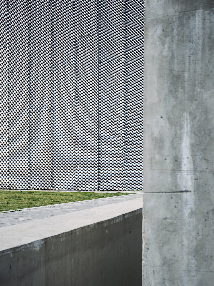 grijs, beton, muur, gras, minimale, ingebouwde structuur, het platform