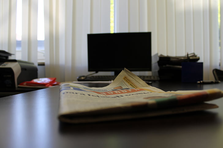 office, desk, newspaper, monitor