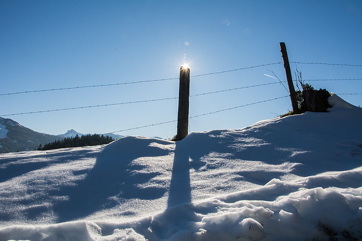 musim dingin, matahari, salju, kembali cahaya, zau, pagar posting