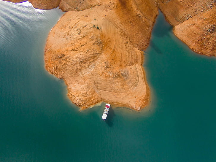 drone, lake, drought, houseboat, aerial, landscape, flight
