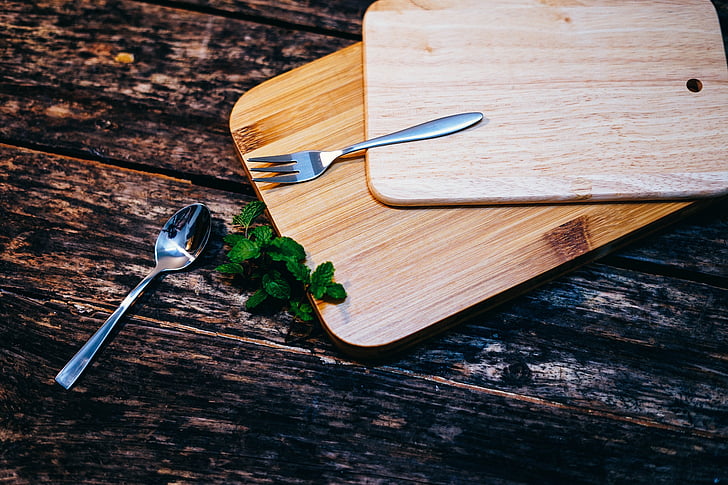 wooden, table, wood, chopping, board, spoon, fork