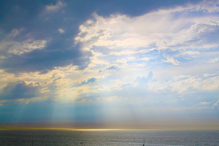 空, 雲, cloudscape, 太陽光線, 海, 水, 海