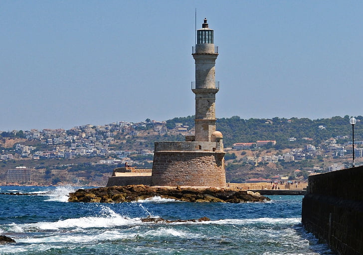 Lighthouse, havet, Grekland, Chania, våg, kusten, sommar
