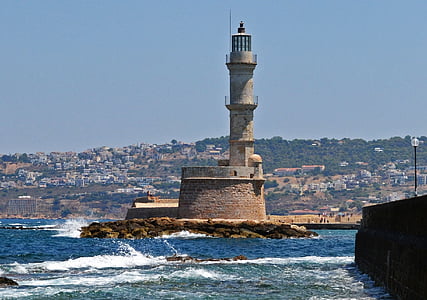 lighthouse, sea, greece, chania, wave, coast, summer