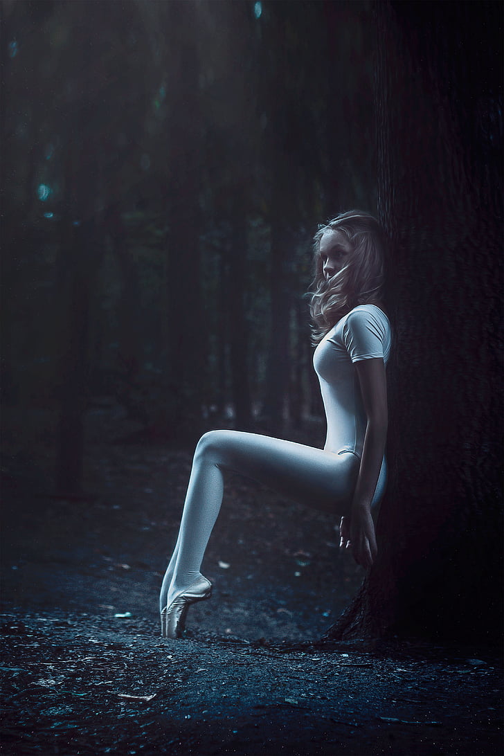balerina v gozdu, dekle, gozd, predstavljajo, sprehod, photoshoot, čudovito