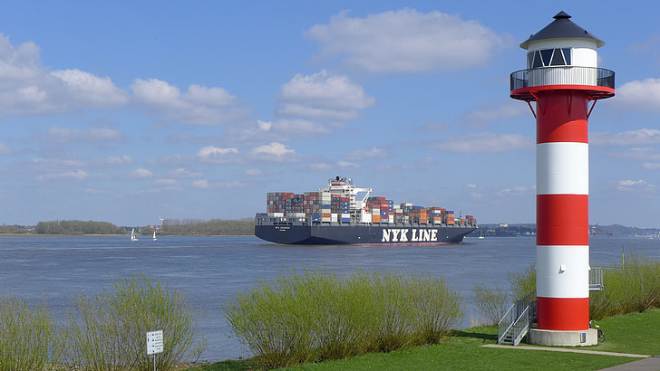 Faro, nave porta-container, fiume, Elbe, paesaggio fluviale, ampia