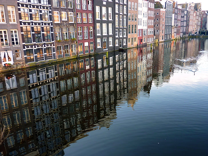 eau, canaux, mise en miroir, canal, Holland, Pays-Bas, Amsterdam
