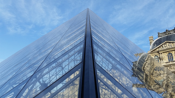 Museo, Louvre, Piramide, Parigi, vetro, cielo, blu