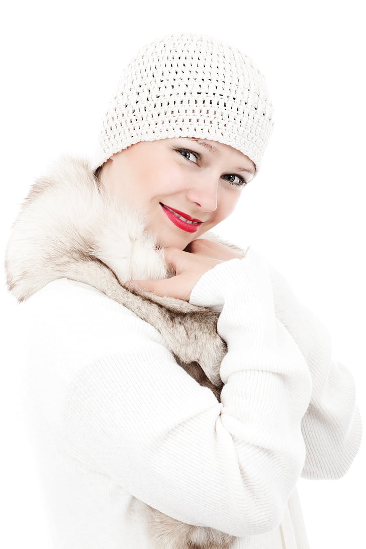 woman, white, knit, cap, fur, jacket, beauty