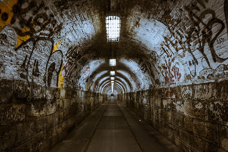 tunnel, underground, vägport, belysning, Budapest, mörka, spooky