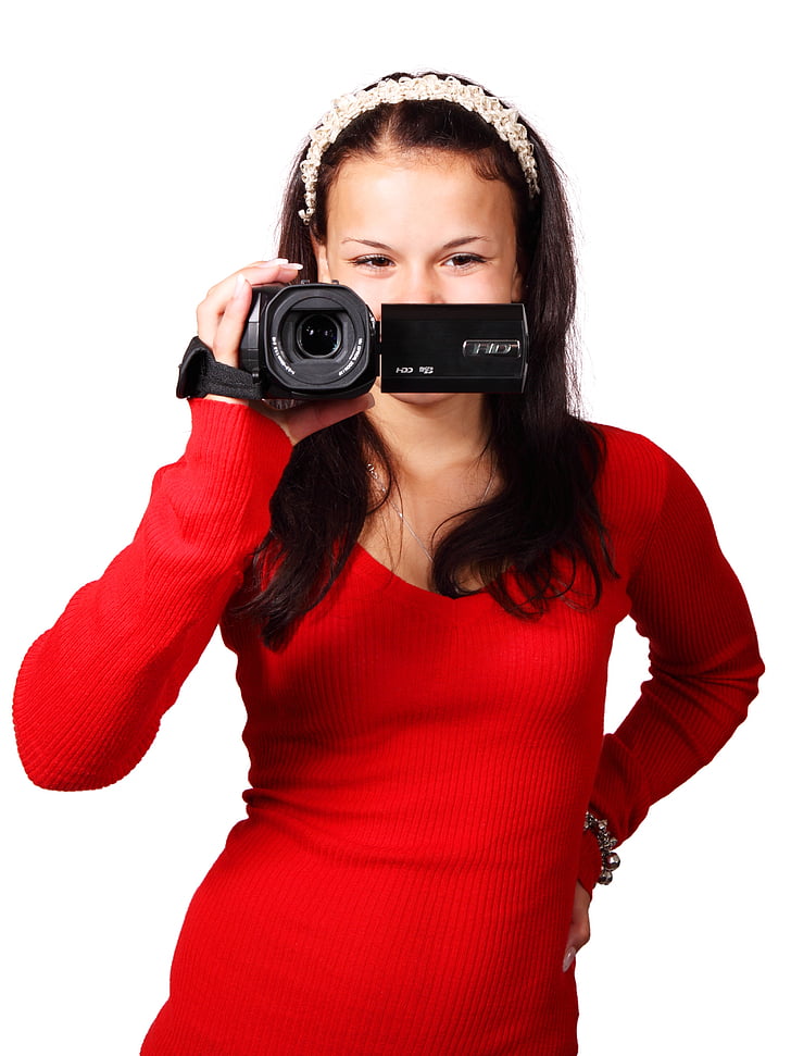 camera video, aparat de fotografiat, Digital, echipamente, de sex feminin, fată, în interior