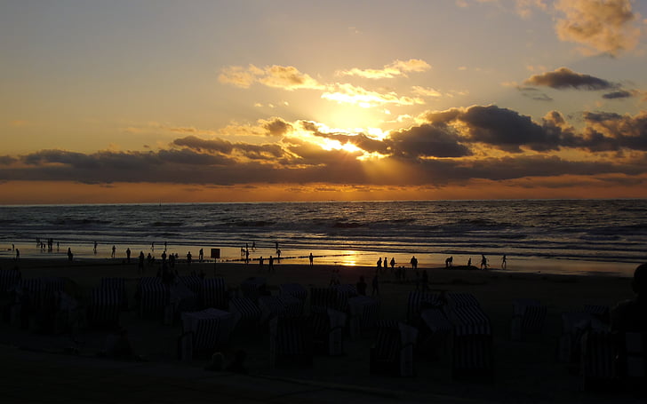 plaža, zalazak sunca, Norderney, more, Sunce, Sjeverno more, oblaci