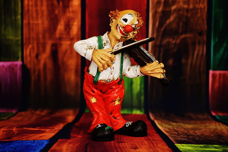 clown, figure, funny, violin, play, cheerful, music