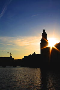 Gotemburgo, Suécia, pôr do sol, Brunnsparken, água, Igreja, Himmel