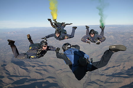 paracaigudisme, tardor, equip, paracaigudes, caient, esport, alta