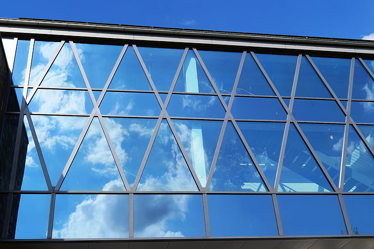 épület, építészet, ablak, üveg, homlokzat, modern, tükrözés