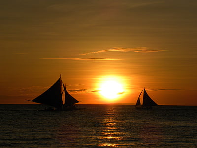 naplemente, vitorlás, csónakok, tenger, utazás, nyaralás, nap