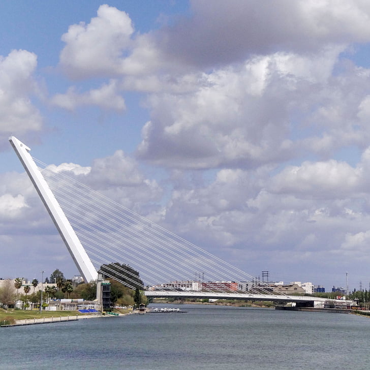 híd, folyó, táj, víz, város, Sevilla, Európa