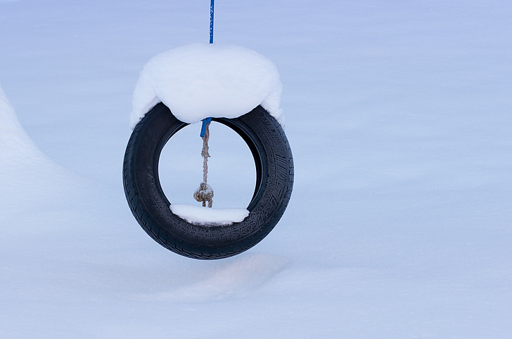 auto tires, mature, tire swing, swing, winter, snow, cold