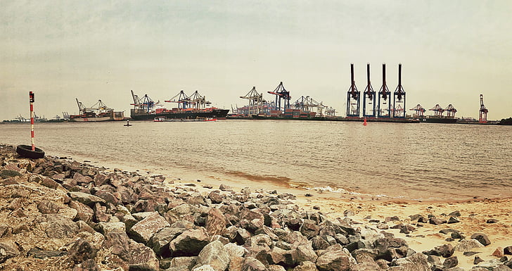 port, Hambourg, ponton, eau, conteneur, navire, marine marchande