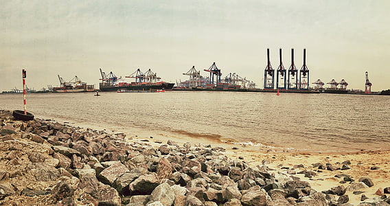 Порт, Гамбург, Понтон, воды, контейнер, корабль, Доставка