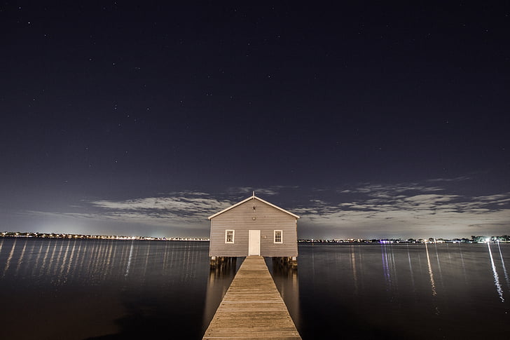 brown, floating, cottage, sea, sky, stars, House
