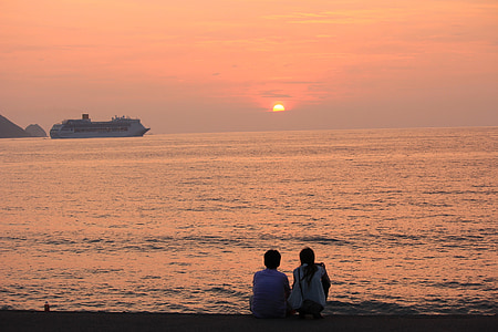 posta de sol, vaixell, amant