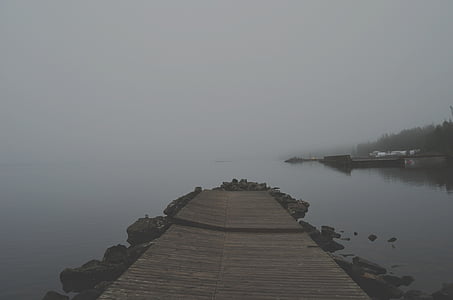 brown, dock, near, body, water, grey, mist