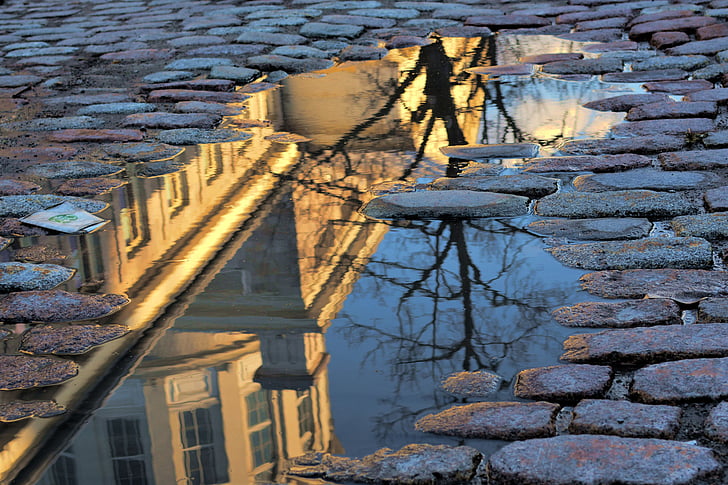 puddle, old, montréal, reflection, after the rain, street, soil