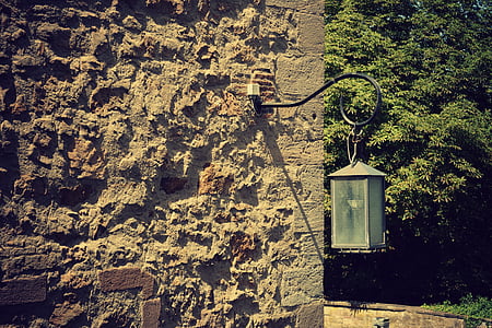 lamp, wall, stone, old, vintage, edited, lantern