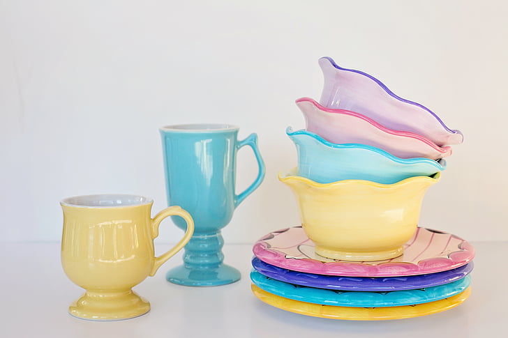 dishes, bowls, mugs, pastels, pastel, cup, dish