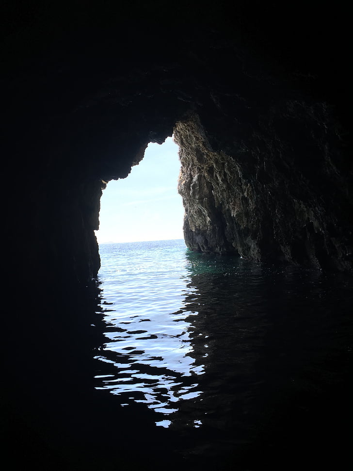 sea, cave, sky, blue, nature, water, rock