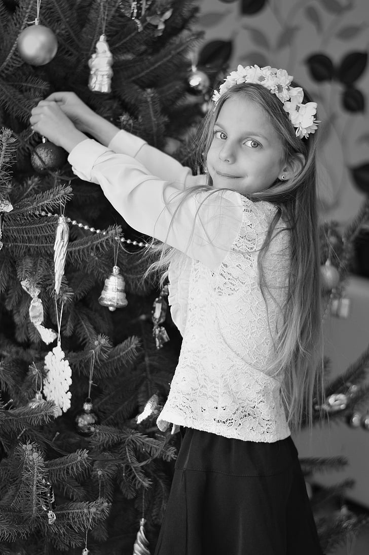 jõulud, Tüdruk, kaunistada, portree, must ja valge, Holiday