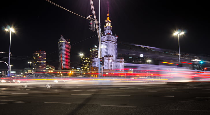 Polsko, Varšava, noční, světla, rychlost, provoz, město
