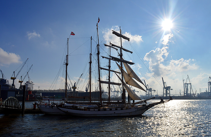 gemi, yelkenli gemi, bağlantı noktası, Hamburg, Elbe, Şehir, Hansa Birliği